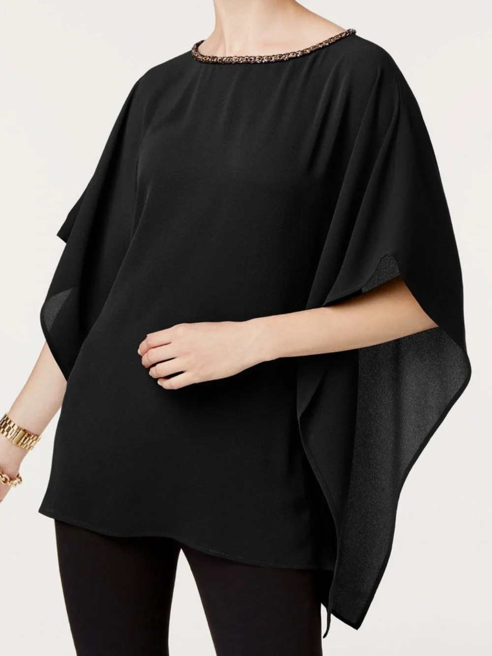 Michael Kors Gold Chain Neck Sheer Overlay Poncho Blouse Black IX